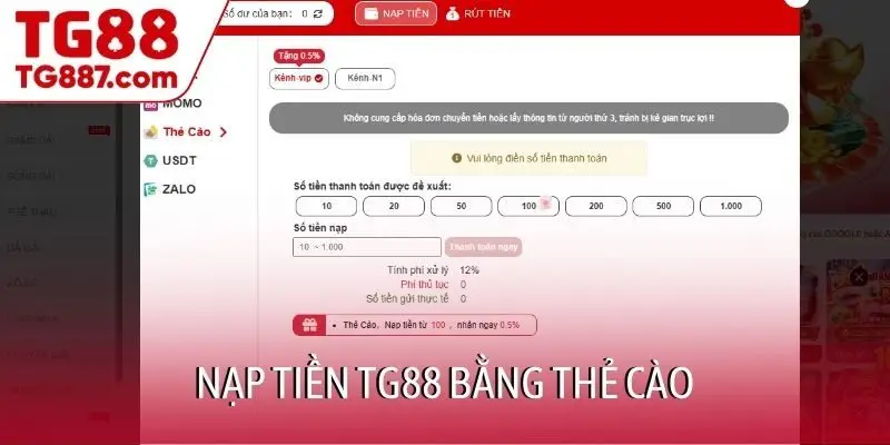Nạp tiền TG88 bằng thẻ cào