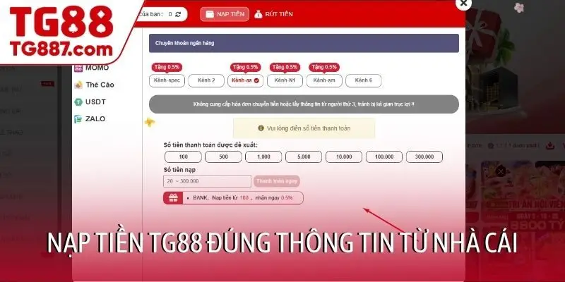 Nạp tiền TG88 đúng thông tin từ nhà cái