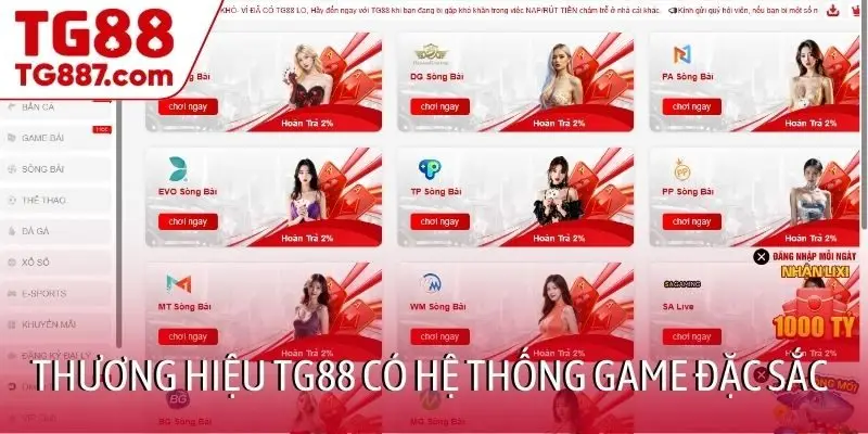 Thương hiệu TG88 có hệ thống game đặc sắc
